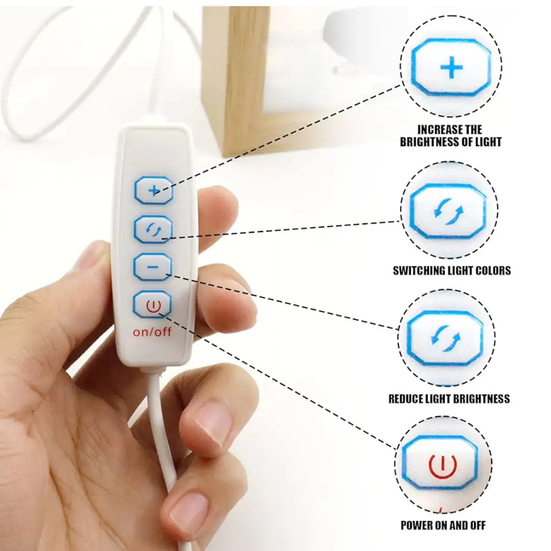 Led lights control device with icons indicating functions on a white background